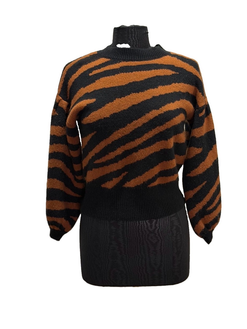 Bar III Black and Brown Tiger-Stripe Mock Neck Sweater